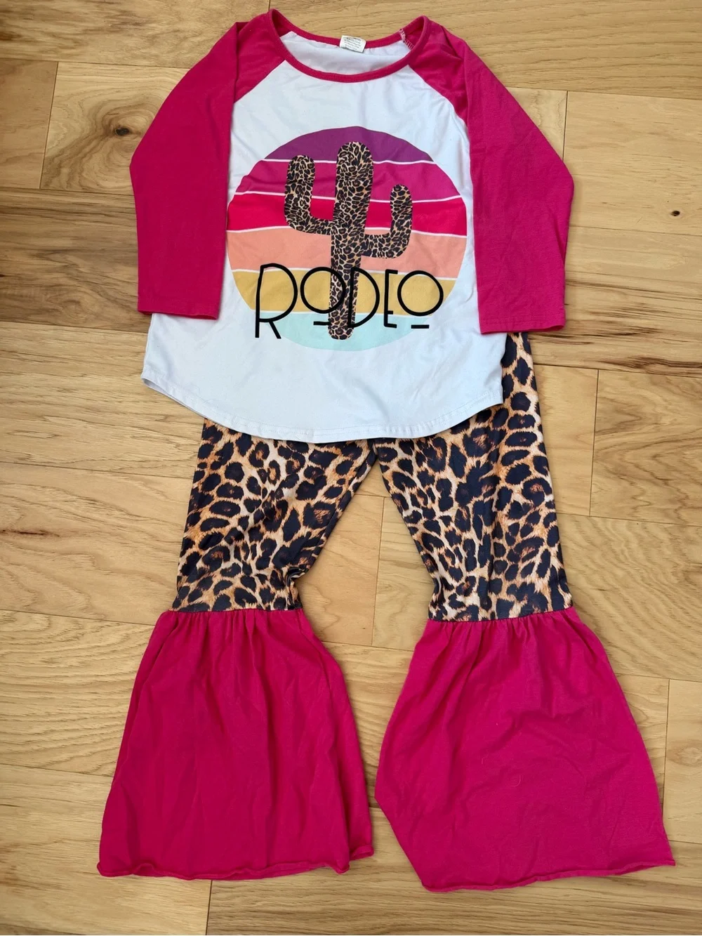 Girls Pink Rodeo Cactus Set with Leopard Bell-Bottoms